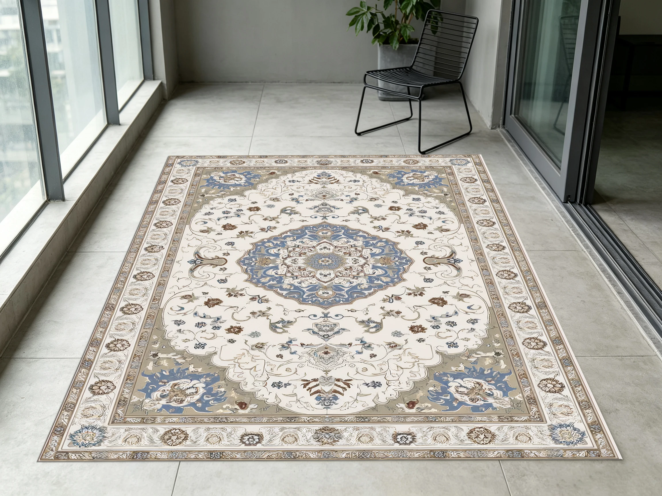 2D Carpet, 2D Large Carpet, in Off-White and Blue Tones, with Persian Vintage Patterns, Exudes a Light Luxury Style, Soft to the Touch, ..