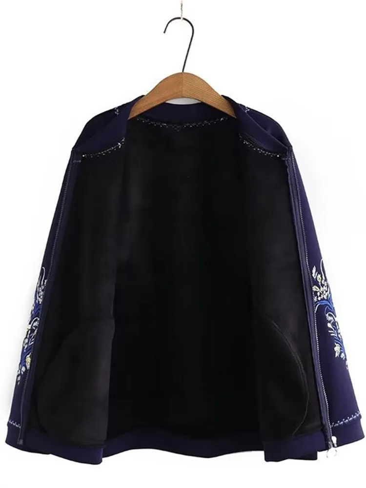 Plus Size Women\'s Coat Round Neck Flocked Long Sleeve Thickened Coat With Plush Inside, Embroidered Floral Motif On The Sleeves