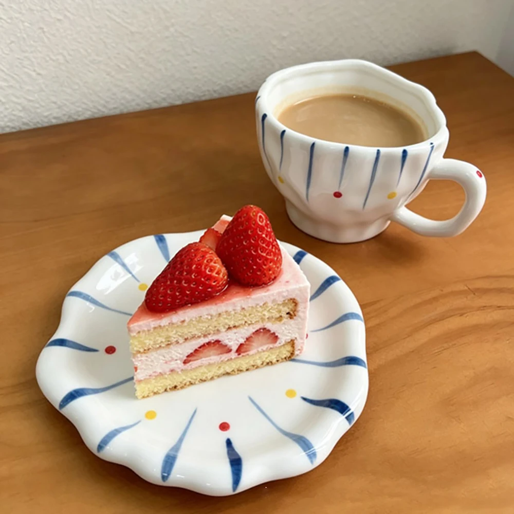 Handmade Wavy Ceramic Cup And Saucer Set Blue Striped Dot Print Irregular Scalloped Rim Cups For Afternoon Tea Home Coffee Mugs