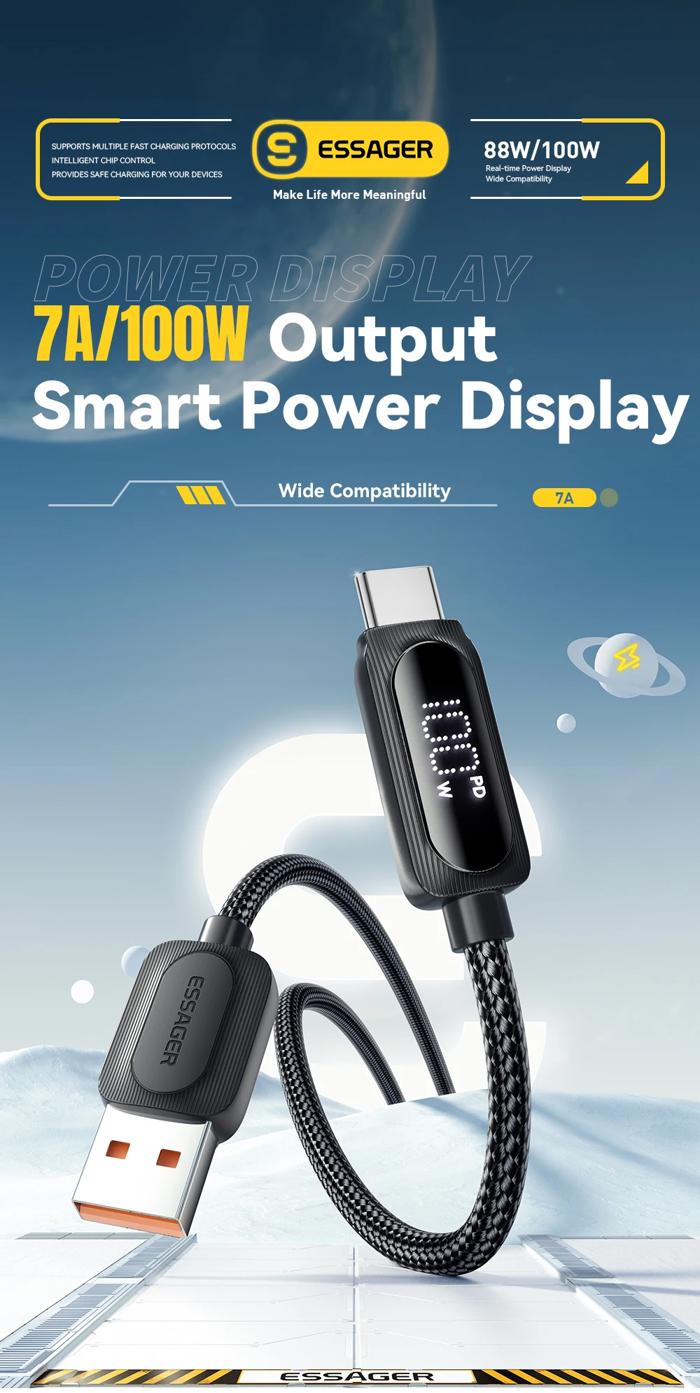 Essager 100W USB to Type C Cable Fast Charging Digital Display USB C Cable for iPhone 15 Samsung Huawei Xiaomi OPPO Data Cord
