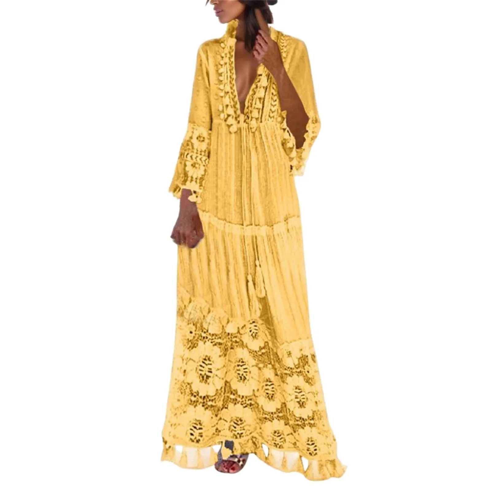 Ladies Bohemian V-Neck Tassel Large Size Casual Dress Women Lace Solid Fashion Maxi Dress Elegant Robe Boho Holiday Long Dresses