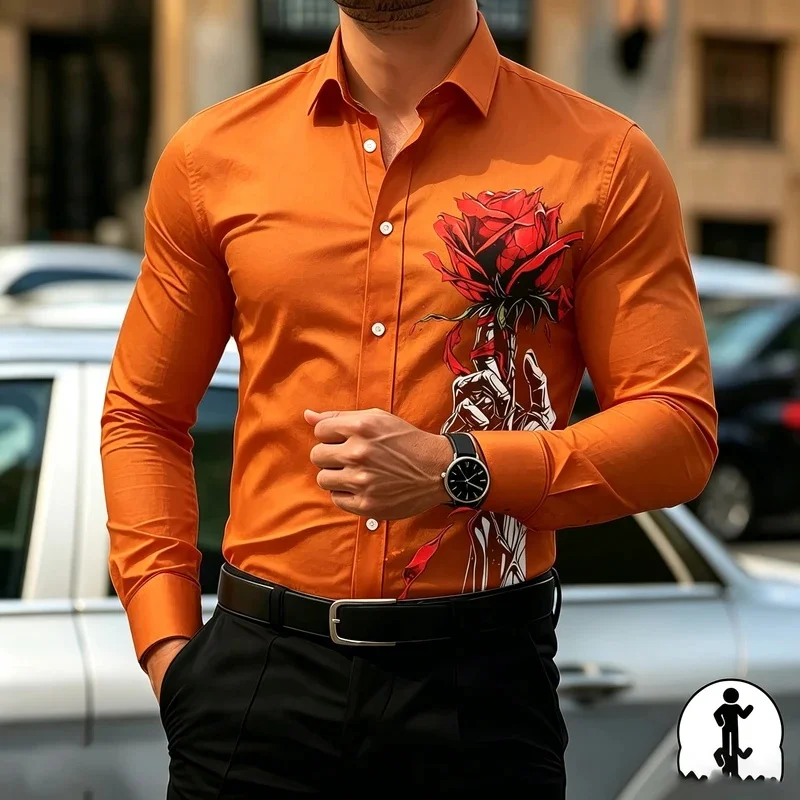 Men's Long-Sleeve Collared Shirt, Trendy Printed Stretch Business Shirt, Street Style Slim Fit Cardigan Top