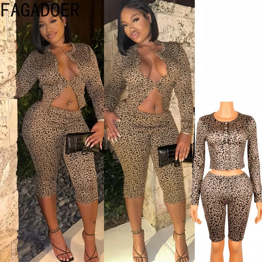 

FAGADOER Autumn Fashion Leopard Print 2 Piece Sets Women Long Sleeve Single Breasted Crop Top + Shorts Outfit Female Streetwear