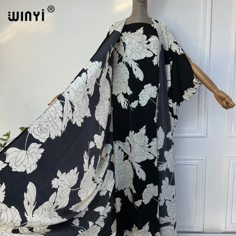 Imagem -03 - Winyi-vestido Maxi Estampado Boêmio para Mulheres Cardigã de Verão Novo Vestido Longo de Praia Quimono Terno de Peças Férias