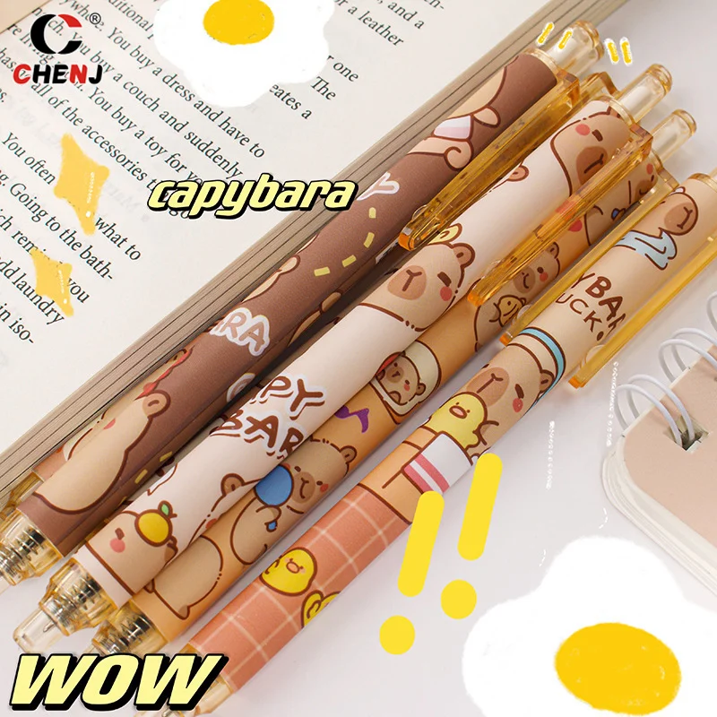 Ensemble de stylos gel Capybara portables, encre noire et bleue, séchage rapide, stylos gel à pression mignons, fournitures scolaires et de bureau, papeterie esthétique, 6 pièces