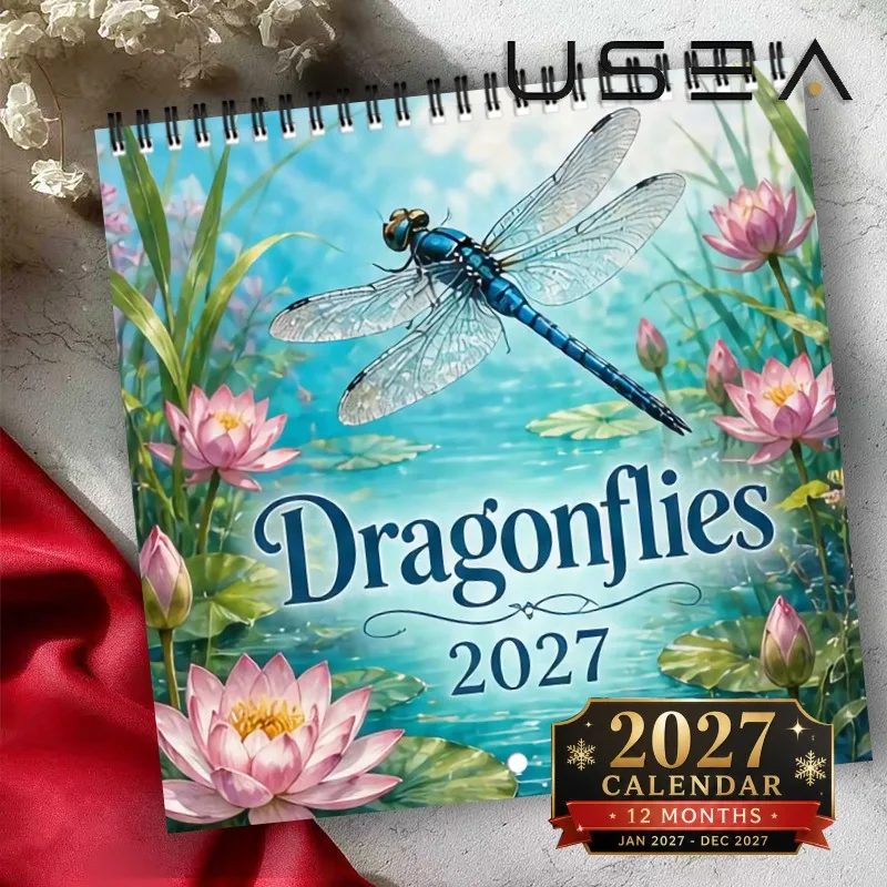 2027 Dragonflies Desk Calendar 12 Monthly Standing Desktop Calendar, Lotus Dragonfly Print Table Planner for Home Office Decor