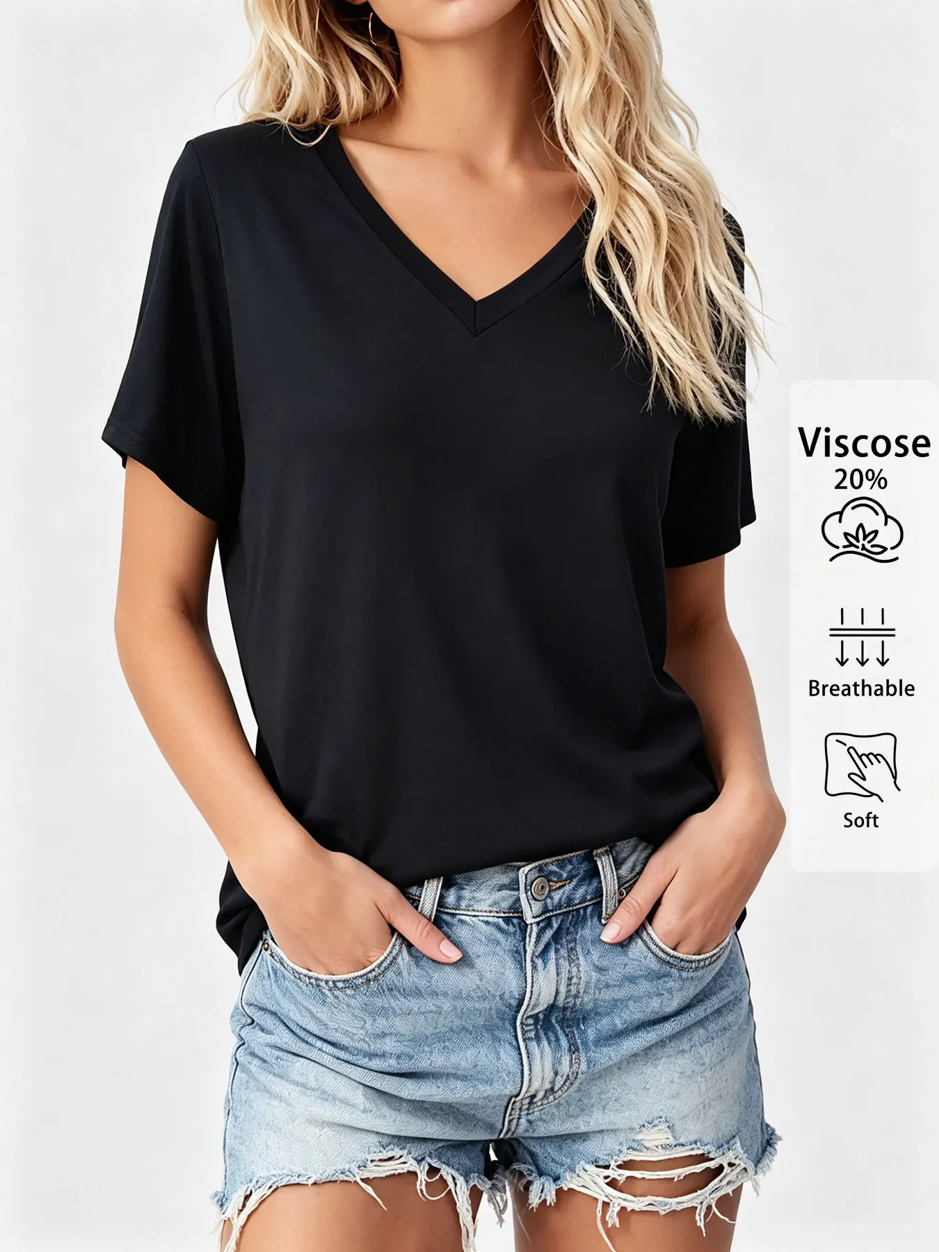 French-style casual top, solid color basic V-neck short-sleeve T-shirt, soft and breathable loose pullover, French-style casual versatile everyday top, suitable for summer outings, women's clothing