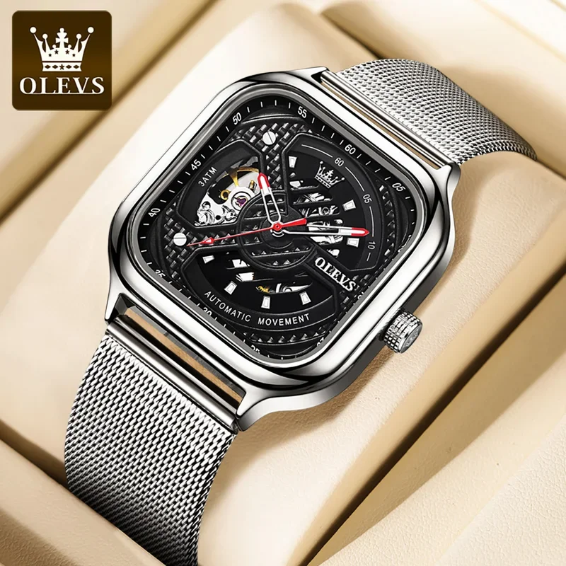 

OLEVS Square Men's Watch Skeleton Fashion Automatic Mechanical Wrist Watch Man Waterproof Leather Strap 6634