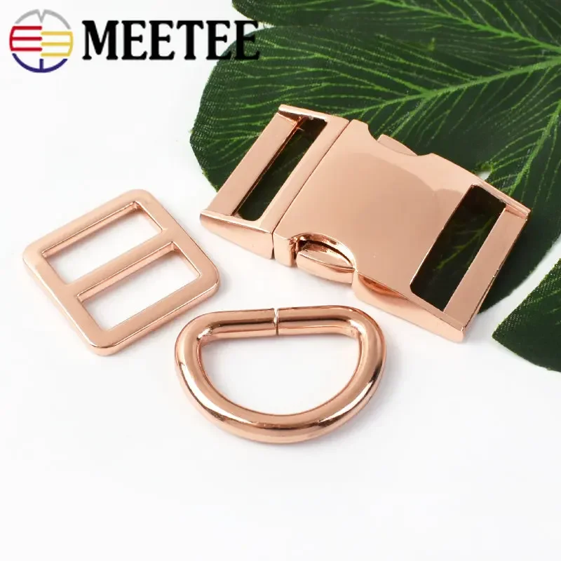 2Sets 15-38mm RoseGold Side Release Buckle D Ring Tri Glide Adjust Clasp Bag Strap Dog Collar Belt Hook DIY Hardware Accessories