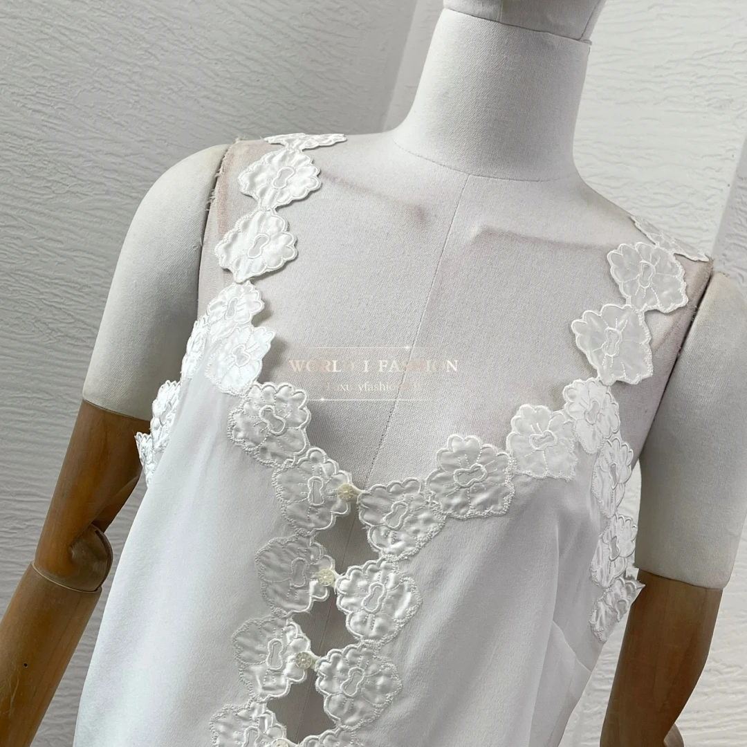 

White Sleeveless Ruffles Frilled Embroidery Floral Short Blouse Tops 2025 New Design Pure Silk