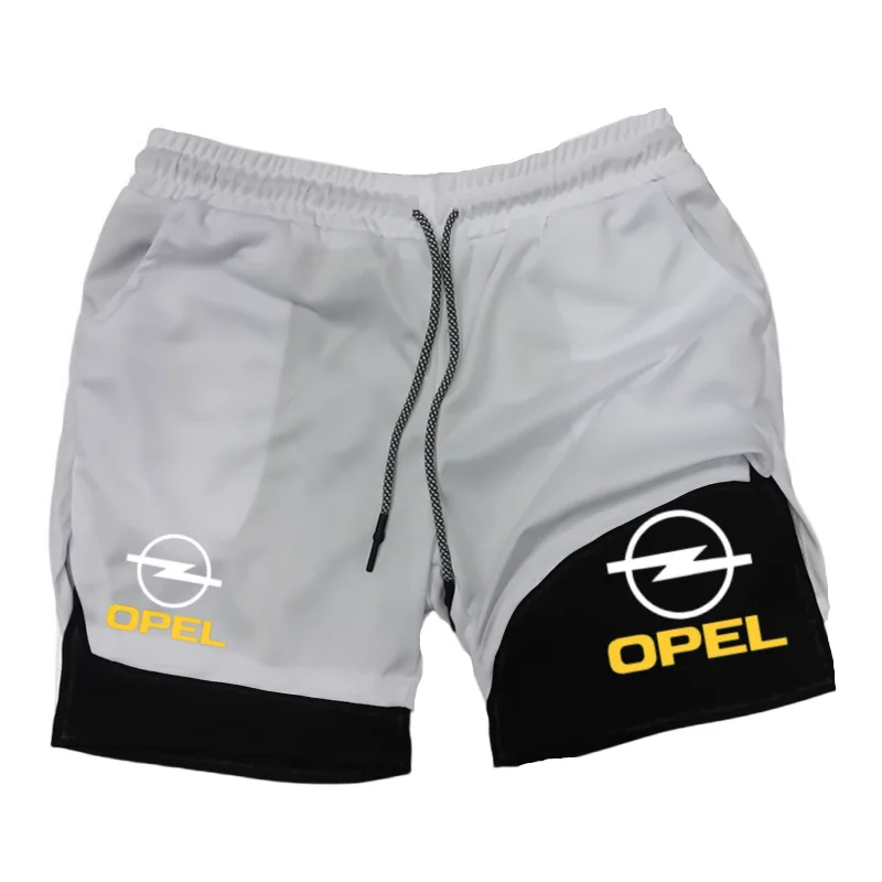 

Летние мужские шорты с двойным слоем и принтом букв OPEL, быстро сохнущие спортивные шорты для бега, эластичные компрессионные спортивные штаны