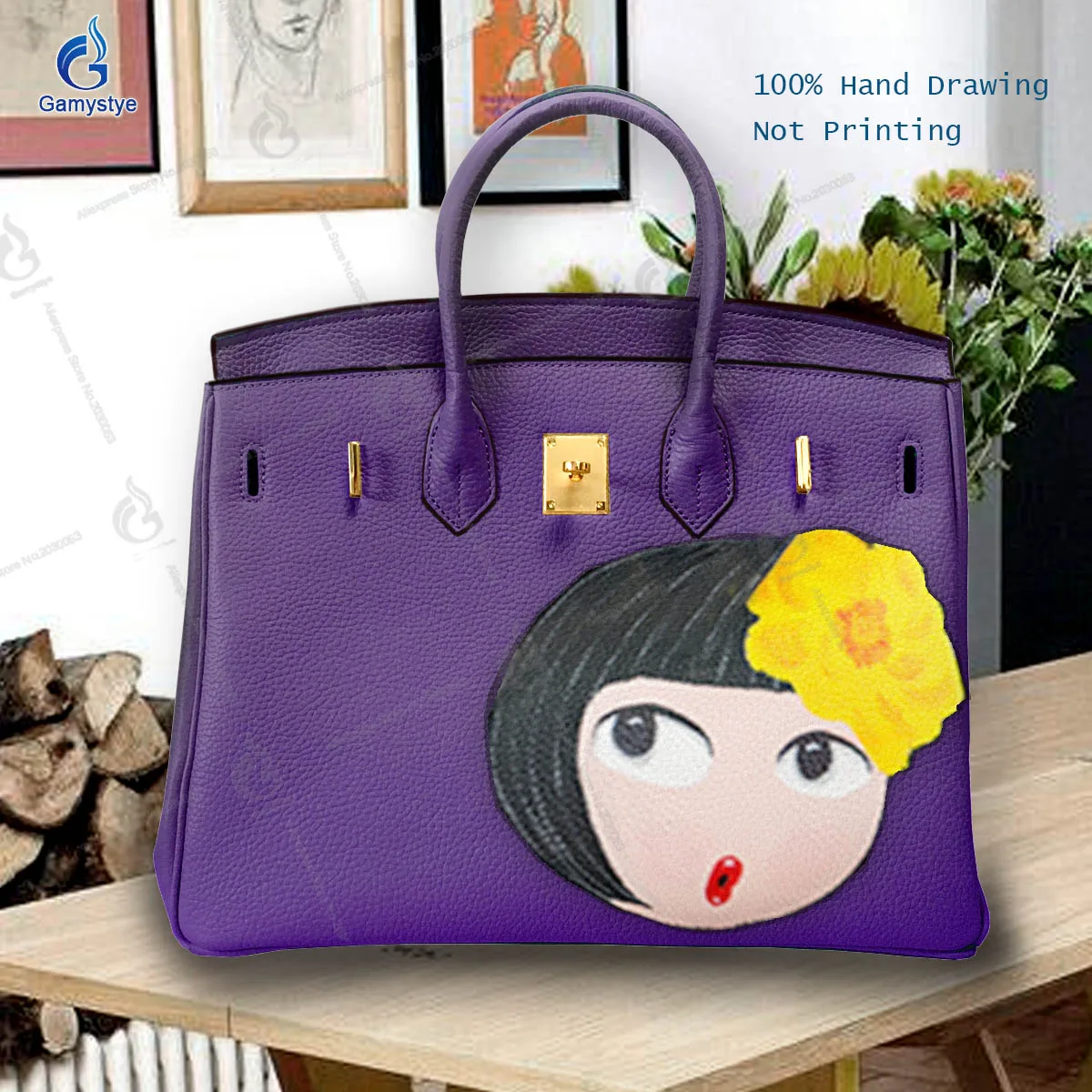 

Art Hand-Painting Short haired girl Customize Totes For women Handbag Designer Shoulder Bag Popular Genuine Leather Big Capacity