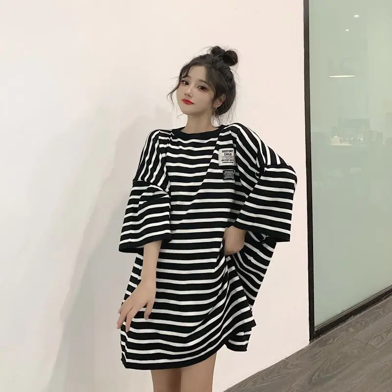 Striped Plus Size Casual SimplicityT Shirt Summer Fashion Korean Short Sleeve O-Neck Medium and Long T-shirt Skirts Streetwear