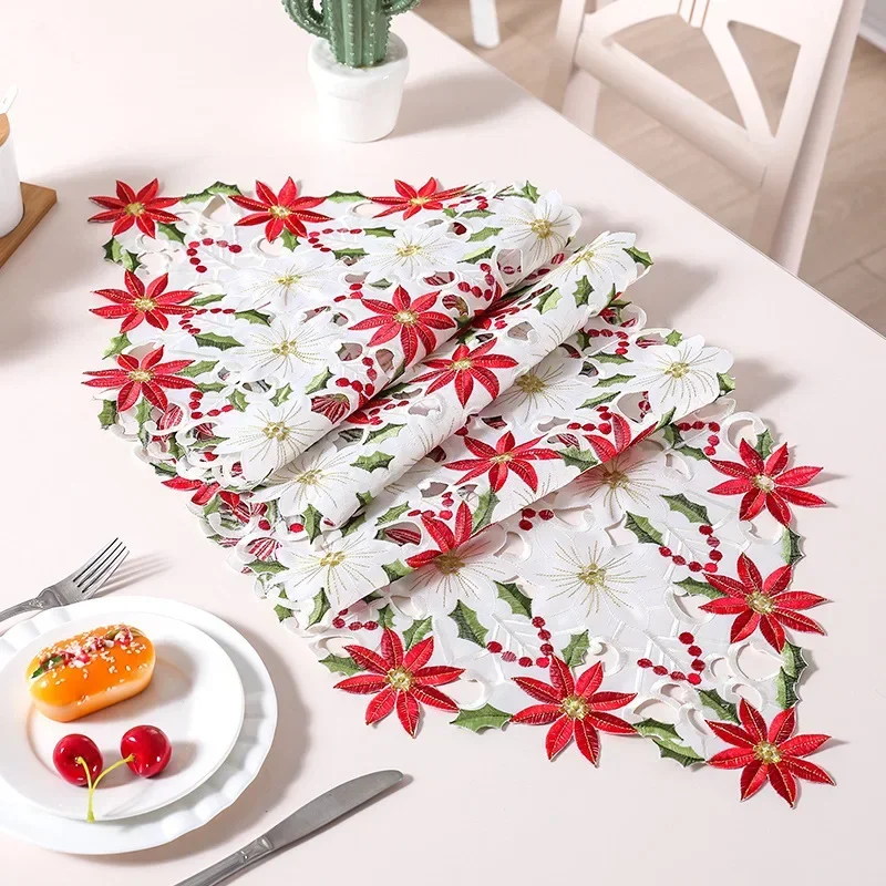Elegant Satin Embroidery Christmas Bed Table Runner Lace Tablecloth For Wedding Party Decoration Vintage Floral Home Decor