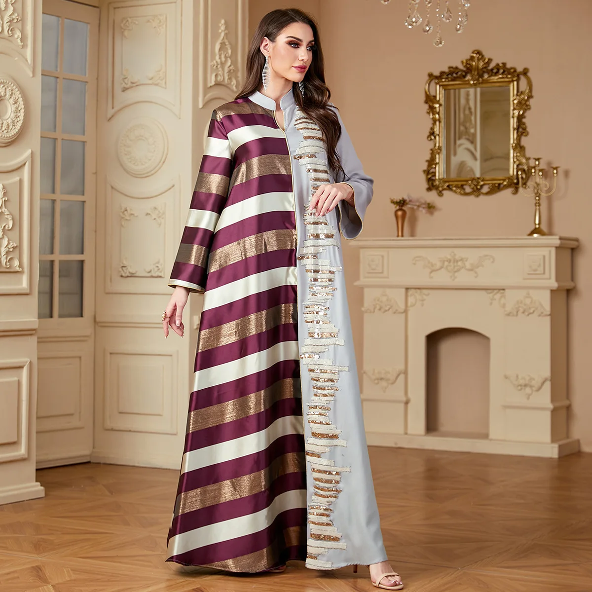 4180 Arab Women's Fashion Long Skirt Jacquard Splicing Stripe Contrast Polyester Long Sleeve Dress