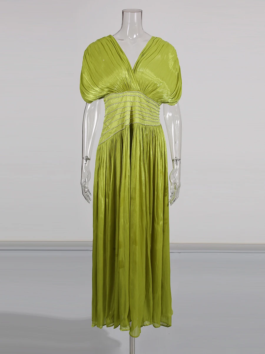 CHICEVER-vestido liso con pliegues empalmados para mujer, cuello en V, manga corta, adelgazante, estilo playero, ropa nueva de moda de otoño