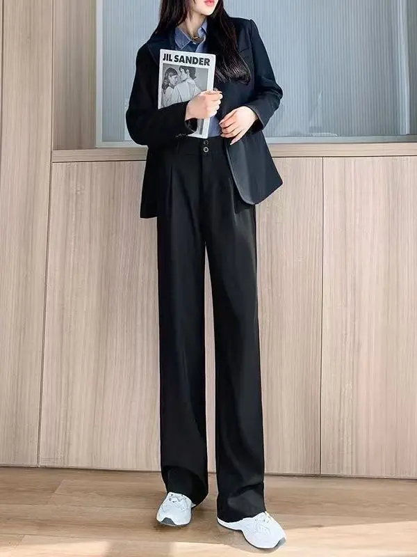 

High Waist Drapey Straight Leg Suit Pants for Women Korean Style Pear Shaped Body Slim Fit Casual Polyester Fiber