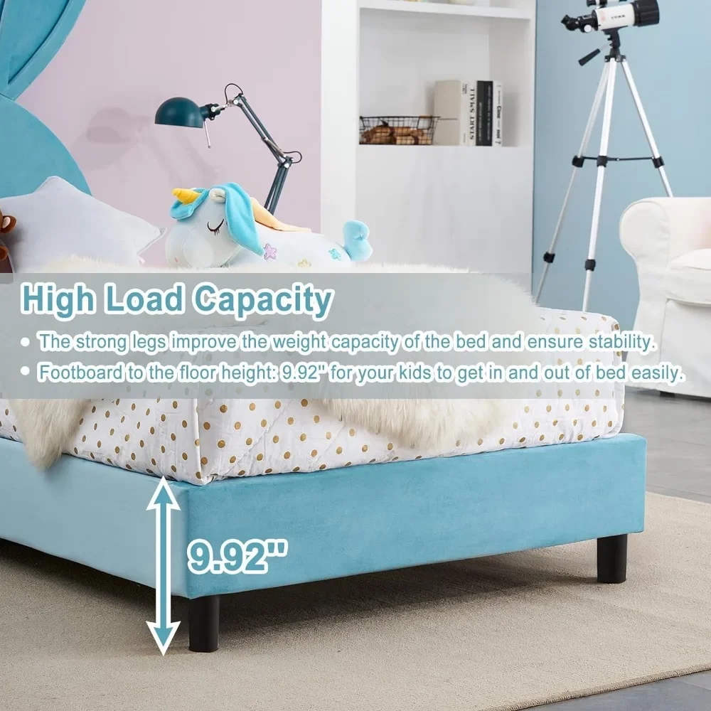 Cama para crianças Twin Platform com cabeceira acolchoada, cama princesa para meninas, 12 ripas de madeira, sem molas necessárias