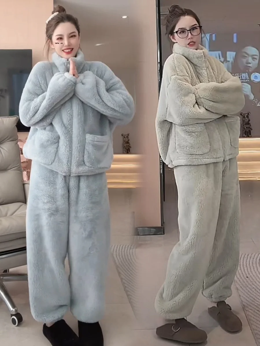 

Women's Thickened Coral Fleece Home Clothes Set Stand Collar Casual Fashion Sleepwear Two-Piece Suit Korean Style Winter Warmth