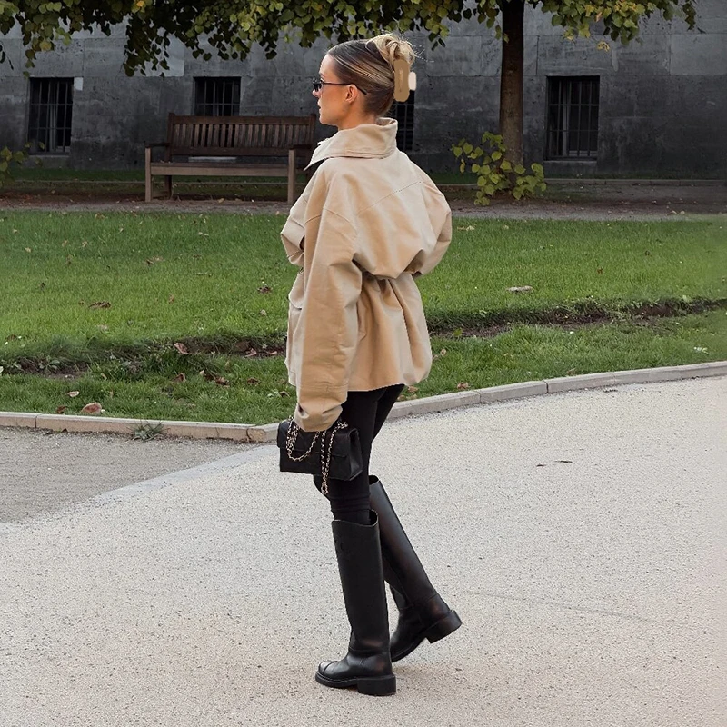 Ladies Oversized Safari Utility Jacket Stand Collar Multi Pocket Drawstring Waist Short Coat Autumn Outdoor Commuting Outerwear