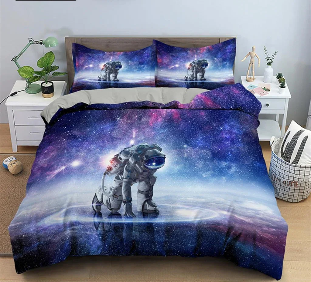 Astronaut Duvet Cover Set Spaceman Pattern Bedding Set for Boys Girl Microfiber Bedclothes Twin King Size 3pcs Comforter Cover