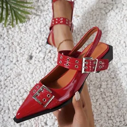 Fashion Patent Leather Rivet Metal Buckle Women Pumps Spring Summer Gothic Thick heeled Slingbacks Mules Girls Shoes Zapatos