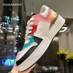 Luxury Designer Mixed Color Small White Shoes Round Toe Genuine Leather Lace Up Casual Shoe Thick Sole Fashion New Women Sneaker