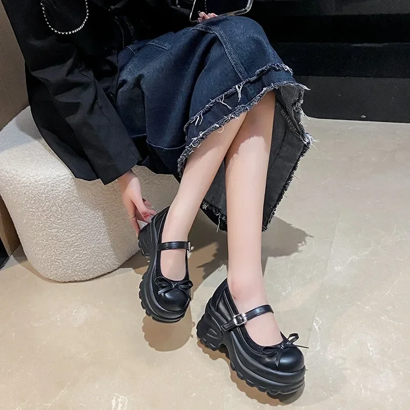 8.5CM New Autumn Chunky Platform Butterfly-Knot Sneakers Women Punk Thick Bottom Pumps Patchwork Non Slip Walking Casual Shoes