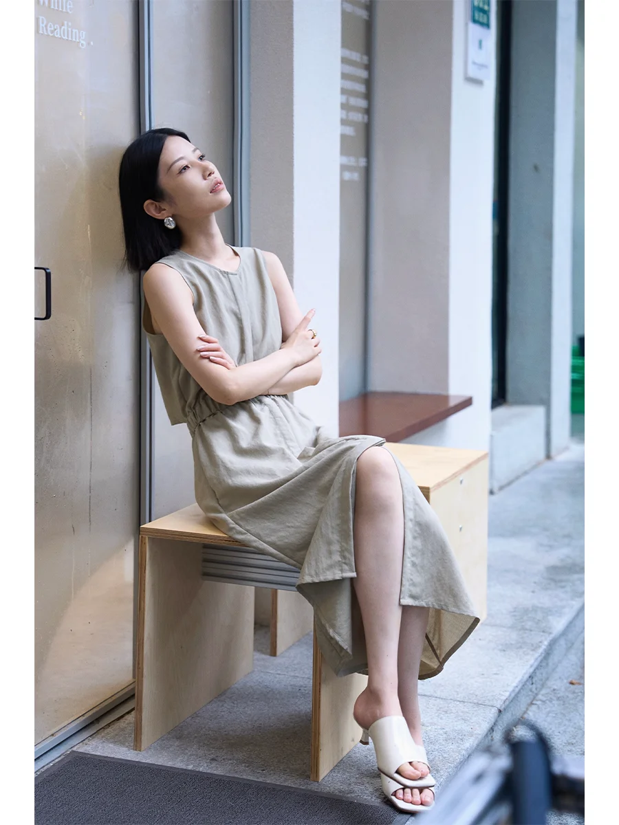 

Летнее льняное хлопковое платье JXu с эффектом похудения, круглым вырезом, приталенное, средней длины, цельное, для повседневной носки