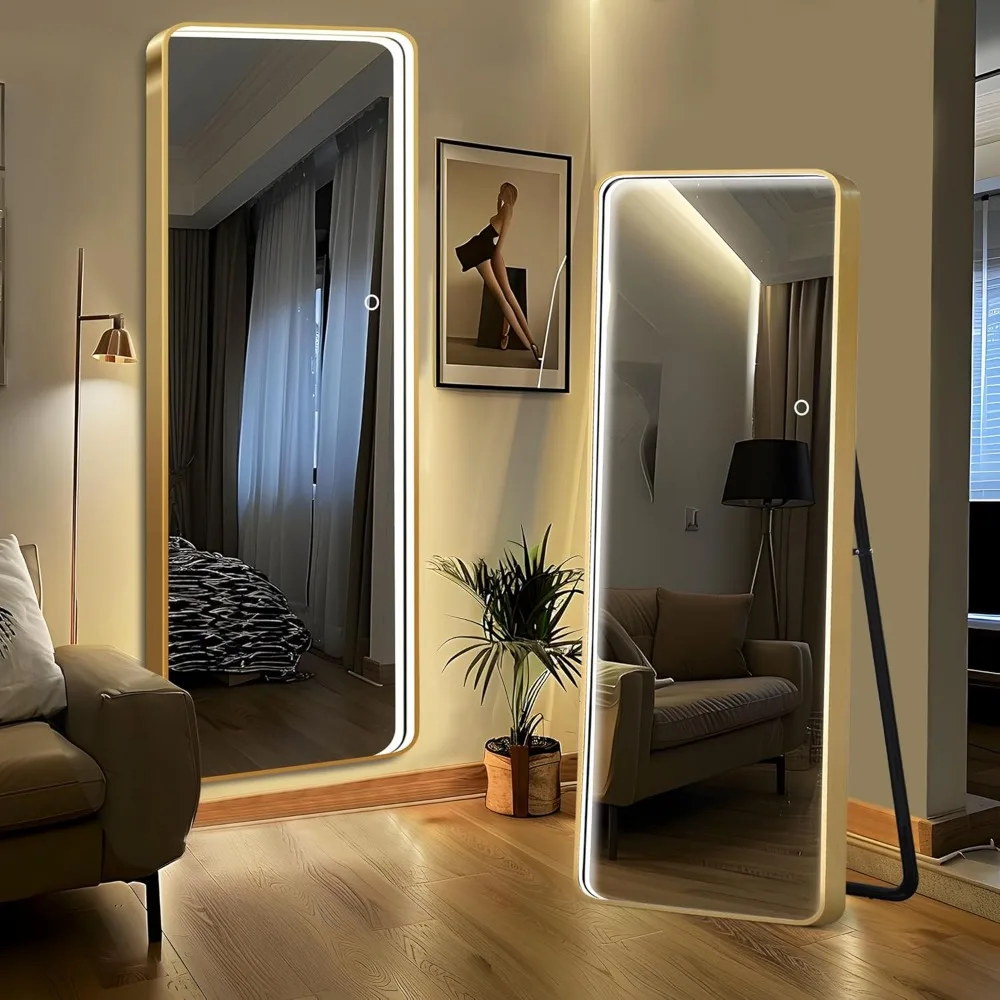 

Full Length Mirror with Lights, 64"x20" LED Mirror Full Body with Stand, Touch Button and Plug, Dimmable Brightness Dressing