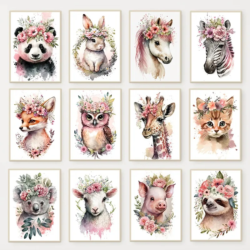 Watercolor Cute Baby Animals with Flowers Poster Lamb Owl Panda Rabbit Canvas Painting Wall Art for Nursery Kids Room Home Decor