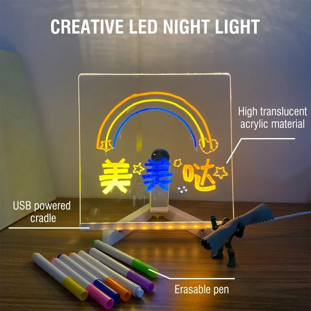 لوحة رسائل أكريليك بإضاءة LED، قلم 7 ألوان قابل للمسح، لوحة رسم USB للأطفال، ضوء ليلي لغرفة النوم، هدية عيد ميلاد للأطفال