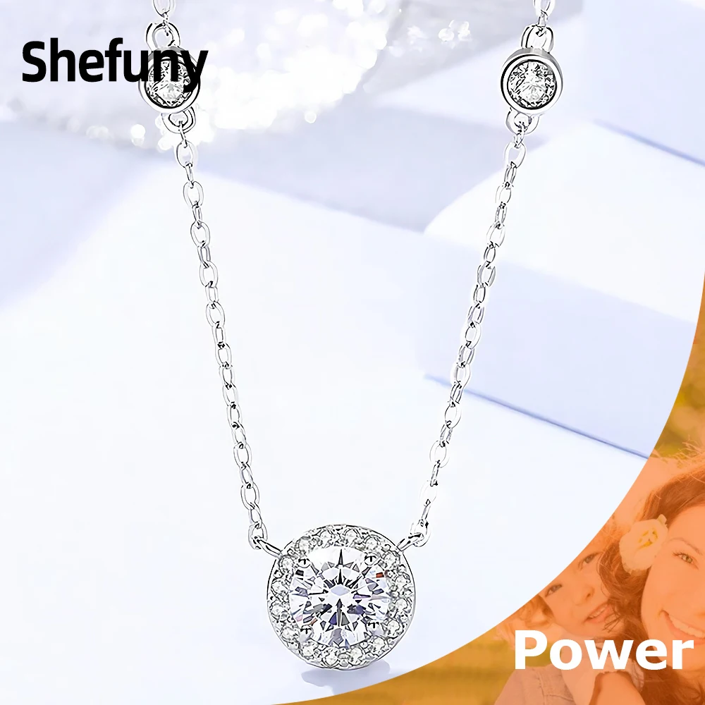 

925 Sterling Silver Round Circle Pendant Chain White Zircon Geometric Necklace For Women Fine Jewelry Engagement Gift Wholesale