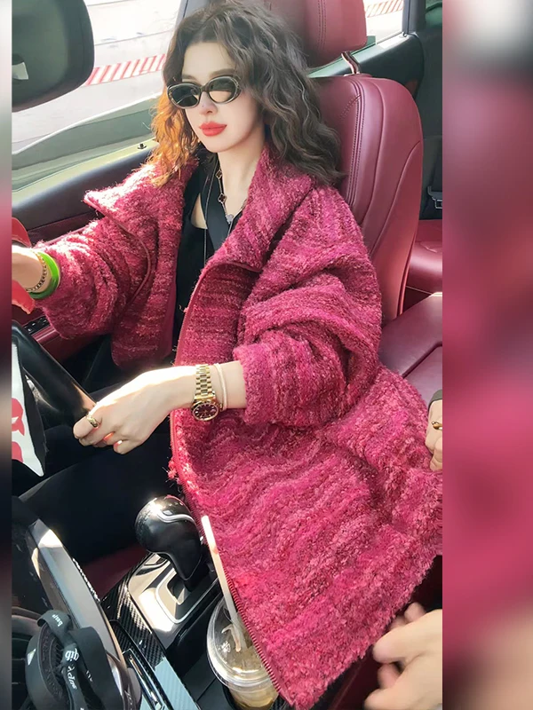 

Linda Sister High-End Winter Soft Plu Woolen Casual Design Mixed Color Vintage Coat Women's Loose Fit Long Sve Warm Jaet