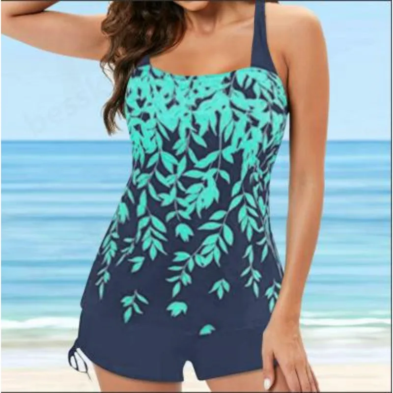 Plus Size Women's New Swimsuit Two Piece Bikini Fashion Printed Halter Top Shorts Summer Hot Trendy Beach Style Casual Swimwear