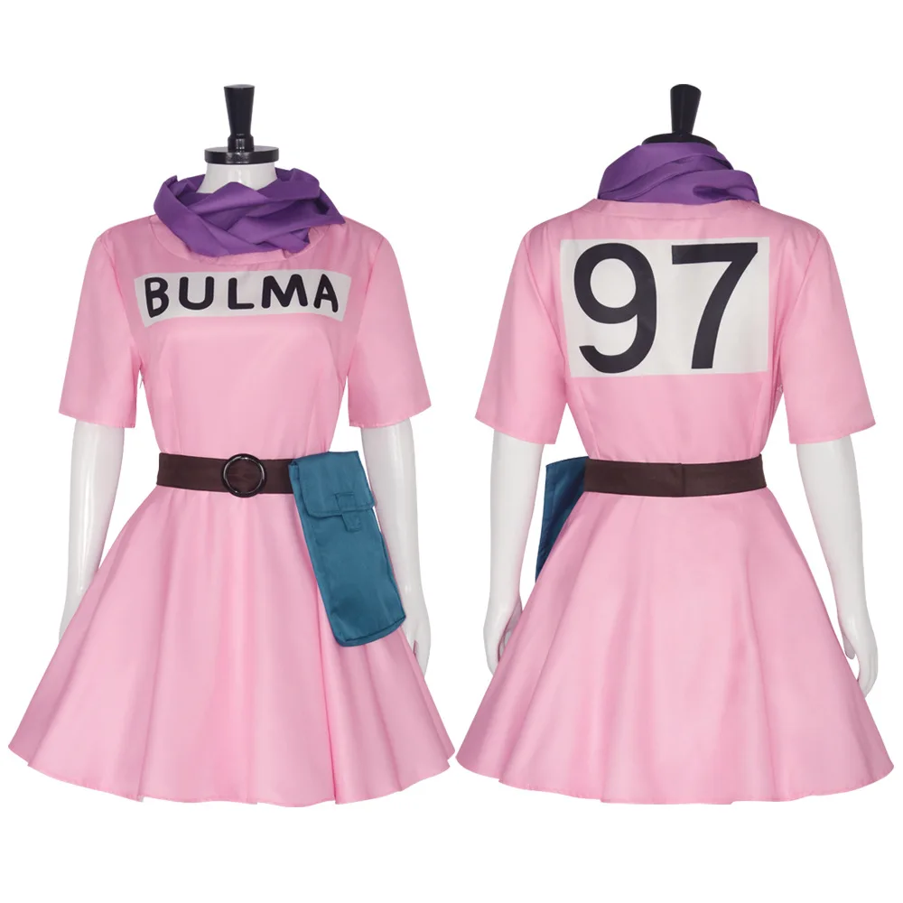 Auf Lager neues Anime Bulma Cosplay Kostüm rosa Kleid Uniform Kawaii Mädchen Komplettset Kostüm Halloween Karneval Erwachsene Frauen Make-up