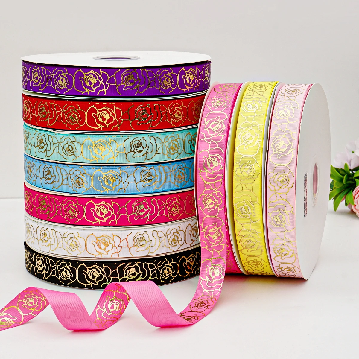 25mm 5Yards Foil Rose Hot Stamping Grosgrain Ribbons For Hair Bows DIY Handmade Materials