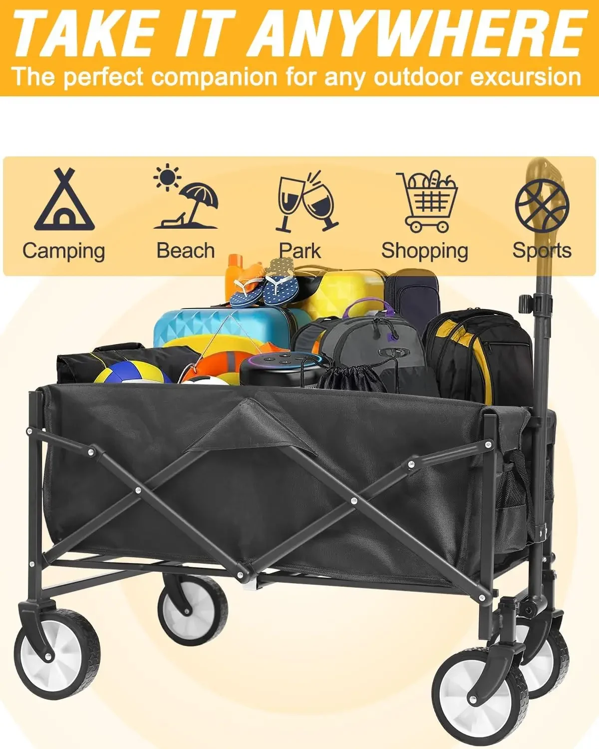 Collapsible Folding Outdoor Utility Wagon, Beach Wagon Cart with All Terrain Wheels & Drink Holders, Portable Sports Wagon