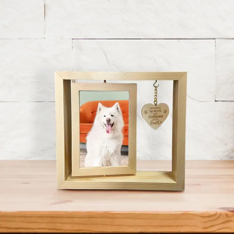 Marco de fotos de escritorio giratorio de madera, colgante de corazón, perro, decoración de mesa de casa para dormitorio