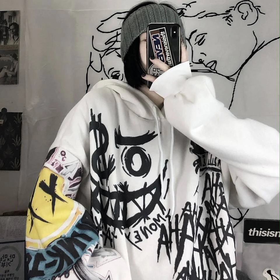 Gothic Hip Hop Hoodies Women Japanese Punk Street Graffiti Oversize Hooded Sweatshirts Autumn Long Sleeve Female Hoodie Tops