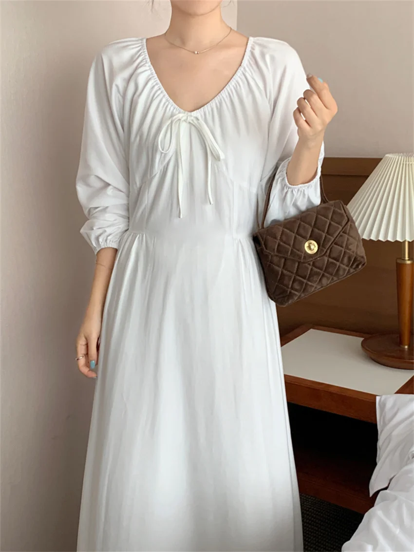 

Alien Kitty Elegant OL Maxi Dress Women Autumn Chic V-Neck New 2023 Full Sleeve Sweet Gentle Solid Office Lady Daily Mujer Slim