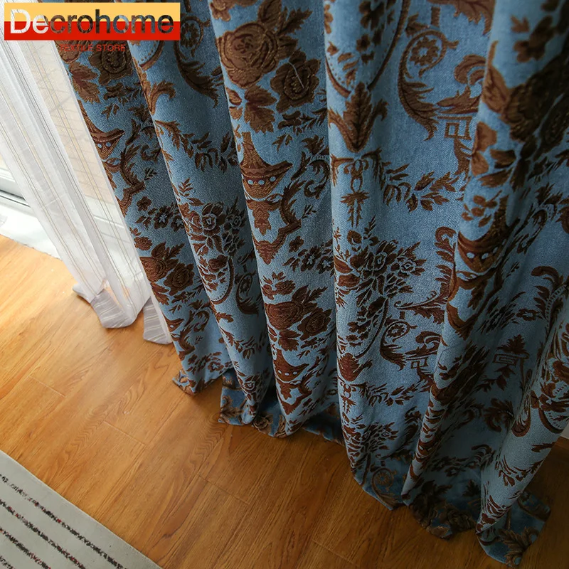 

European Style Classic Blue Chenille Jacquard Thickened Blackout Curtains for Living Room Bedroom Partition Finished Product