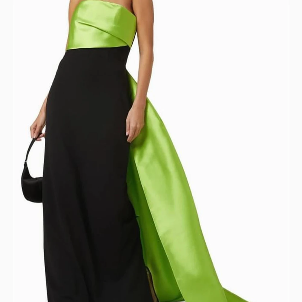 

Black Jersey Green Satin Pleats Strapless Evening Dresses Sleeveless Straight Floor Length Panel Train Bespoke Occasion Gowns