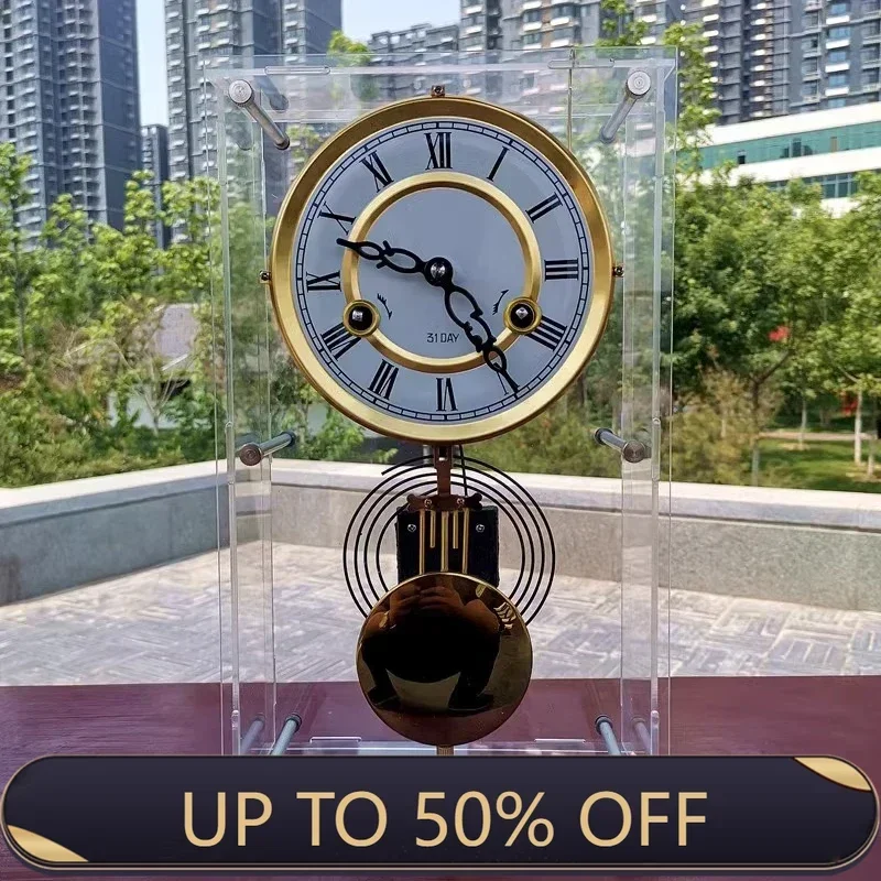 Nordic Mechanical Clock Retro Transparent Desktop Clocks Pendulum Pure Copper Movement Bedroom Watch Vintage Home and Decoration