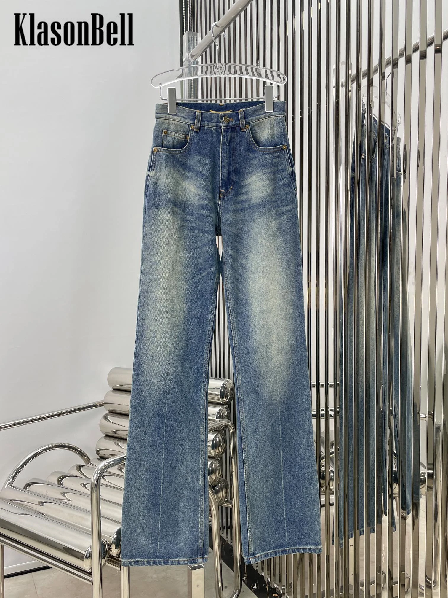 6.2 KlasonBell Vintage Washed Distressed High Waist Straight Flared Jeans Women Without Belt