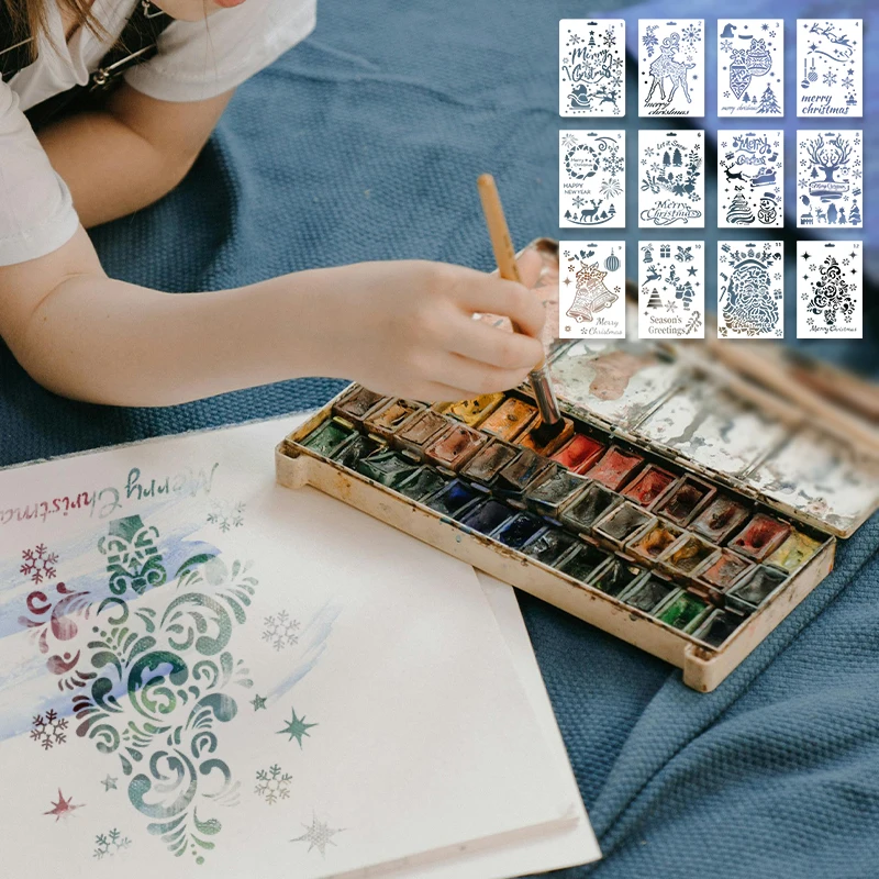 YOMDID 12 قطعة قوالب تزيين رسم عيد الميلاد DIY أنماط متعددة رذاذ اللوحة استنسل الديكور صنع الملحقات