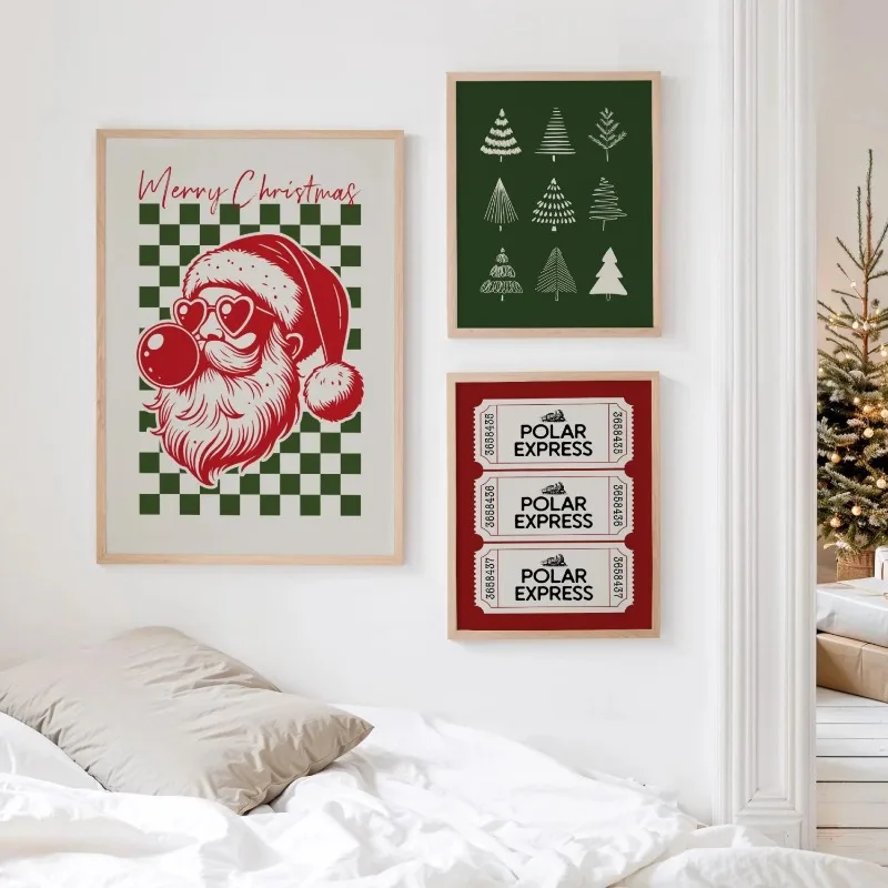 Retro Fun Christmas 3Pcs Canvas Wall Art Xmas Trees Cool Santa Polar Express Ticket Prints Modern Xmas Home Decor Unframed