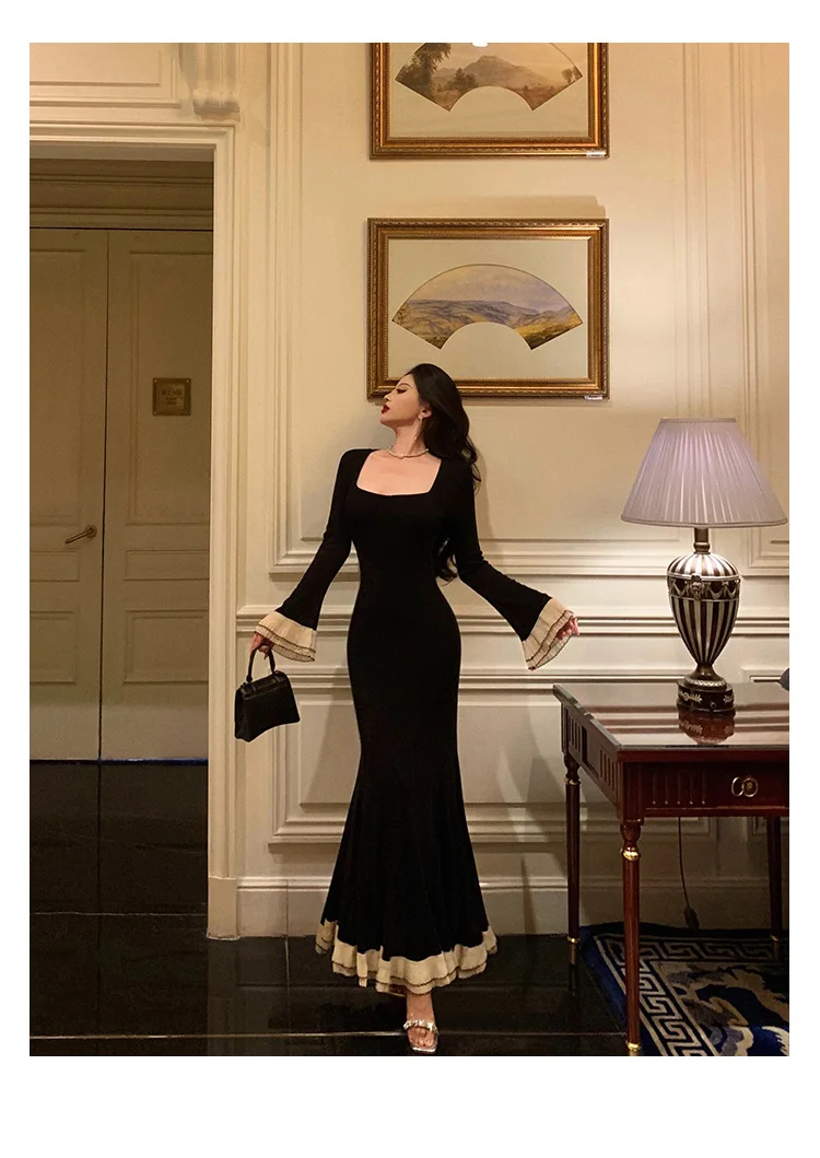 French Elegant Retro Square Neck Splicing Flare Long Sleeve High Waist Slim Big Swing Black Fishtail Long Dress For Women Autumn