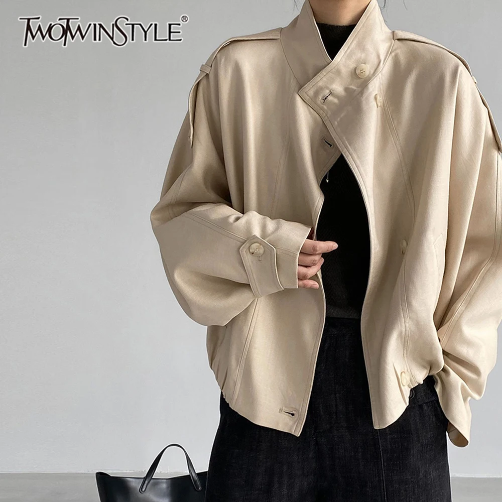 TWOTWINSTYLE Epaulet Spliced Pocket Loose Solid Jacket for Women Stand Collar Long Sleeve Patchwork Button Causal Jackets Female