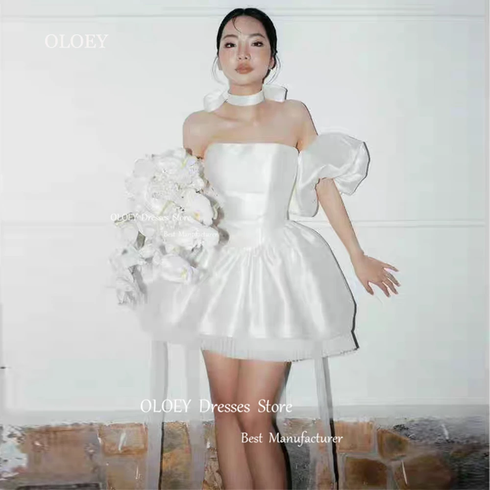 

OLOEY Simple Mini Wedding Dresses For Women Bride Strapless Bridal Gowns White Evening Dress A-Line Tiered Satin Reception Dress